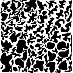 A striking, seamless black and white camouflage pattern featuring abstract, organic shapes resembling scattered leaves and ink blots. This dynamic, monochrome vector illustration is perfect for modern
