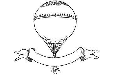 Vintage hot air balloon, sketch art drawing, banner ribbon silhouette. Black line art, fly adventure, antique transportation drawing