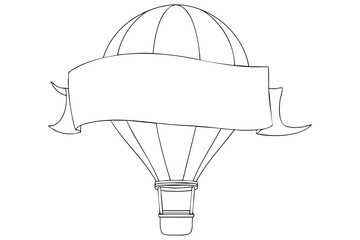 A hand drawn hot air balloon illustration and blank ribbon, banner for text. Fly adventure, travel, transportation and tourism concept.