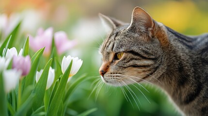 Striped cat curiously sniffing vibrant tulips in a colorful garden, showcasing the beauty of nature and the playful interaction between animals and flowers