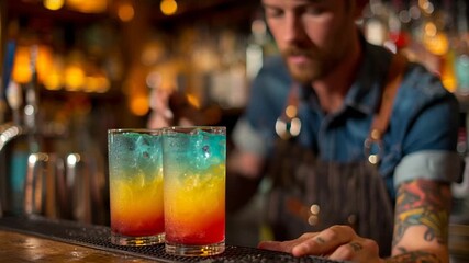 Bartender prepares colorful layered cocktails at a bar