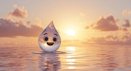 A smiling water droplet floats serenely against a vibrant sunset backdrop