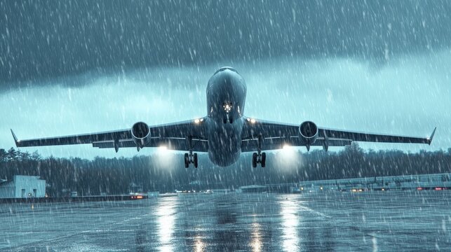 Heavy Rainfall Challenges Aviation Aircraft Takeoff with Precision Against Cloudy Scenic Background