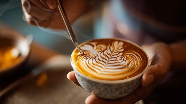 Barista creates beautiful latte art with a spoon