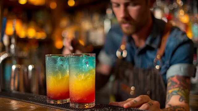 Bartender prepares colorful layered cocktails at a bar