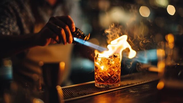 Bartender flames a cocktail with a blowtorch for a dramatic presentation