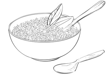 Bowl of rice. Cereal grain with spoon or chopstick. Asian staple food for diet or nutrition. Vector illustration, line art, sketch, black silhouette, meal.