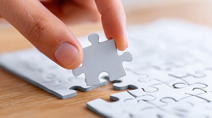 Close-up of a hand placing a gray puzzle piece into a nearly completed puzzle on a wooden surface, symbolizing problem-solving and cognitive engagement