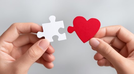 Hands holding a white puzzle piece and a red heart shape, symbolizing love and connection, against a soft gray background, representing unity and emotional bonds