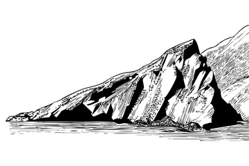 Rocky mountain landscape sketch. Sea, nature, outdoor scene, travel. Island peak with ocean view. Monochrome artistic vector art
