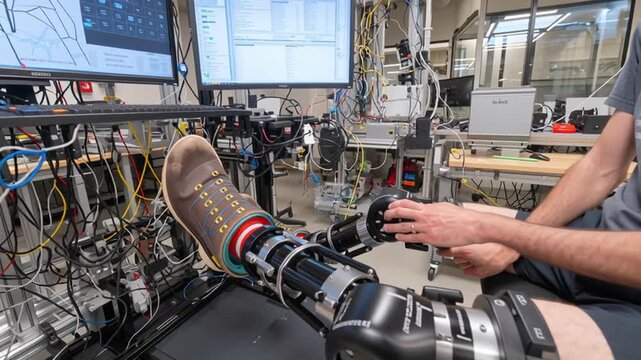 Man testing advanced robotic prosthetic leg in laboratory setting
