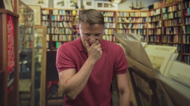 Man with hand to mouth smiling and suppressing laughter while standing among crowded bookshelves in a bookstore building; amusement.