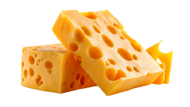 Two Blocks of Yellow Swiss Cheese with Holes on Black Background food dairy isolated on a transparent background