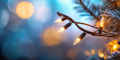 Christmas tree branch decorated with warm glowing LED string lights and a soft bokeh background, representing holiday cheer, festive warmth, and winter celebrations