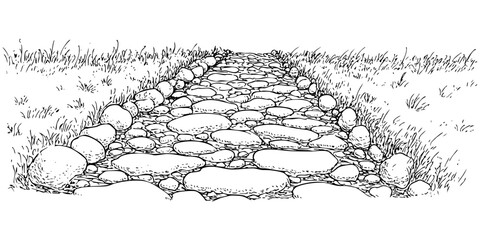 Stone pathway illustration of walkway path for background. Grass landscape view. Path made of stones and grass. Vector illustration.