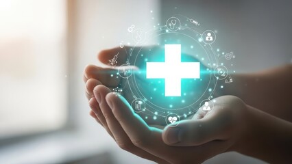 Digital health network concept with medical cross and surrounding icons in cupped hands