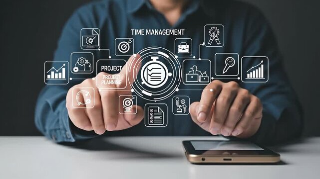 Businessman managing time and projects with virtual interface, optimizing workflow and productivity.