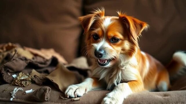 Canine culprit caught red-pawed, a guilty glimmer in his eye as he surveys the devastation he's wrought - a mangled couch, all victims of his rambunctious rampage. video