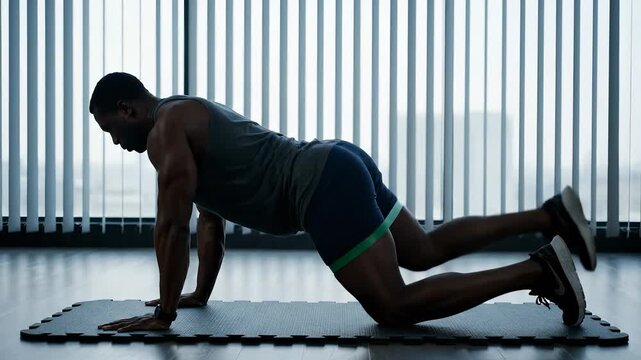 Man performing glute kickback exercise. Knee on mat supports body. Resistance band around thigh adds tension for leg lift. Workout and training focus on strength and fitness. Indoor training shows