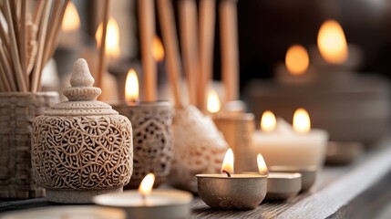 Close-up of burning candles in various holders, creating a warm and inviting atmosphere. The soft light and blurred background evoke a sense of peace and relaxa