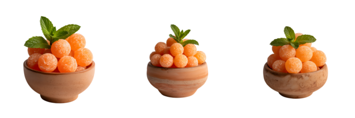Three decorative carrot arrangements in small pots with green tops isolated on transparent background