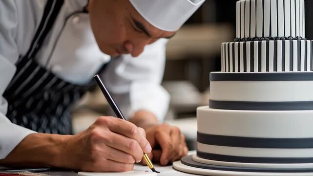 Master pastry chef decorating a multi tiered cake with precision