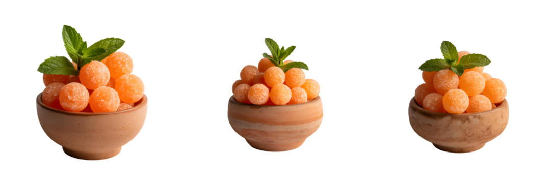 Three decorative carrot arrangements in small pots with green tops isolated on transparent background