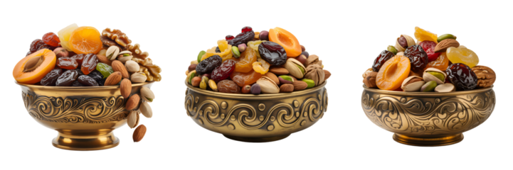 Three ornate golden bowls filled with dried fruits and nuts isolated on transparent background