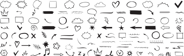 Scribble doodle underline emphasis line shape set. Hand drawn brush stroke elements line