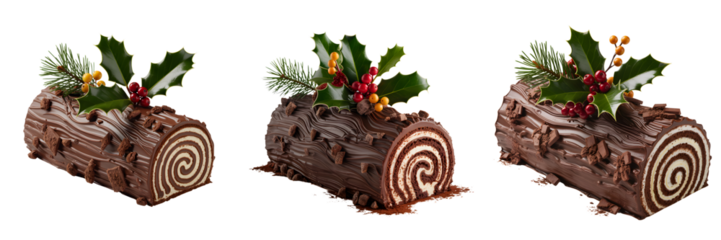 Three festive chocolate yule logs decorated with greenery and berries isolated on transparent background