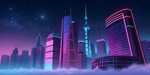 Futuristic neon city skyline at night with glowing skyscrapers, vibrant cyberpunk atmosphere, and colorful illuminated architecture