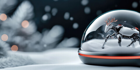Futuristic snow globe containing a metallic robotic deer, resting on sparkling snow with a delicate snowflake, blending traditional Christmas themes with advanced technology and innovation