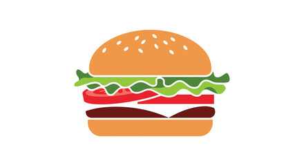 Delicious hamburger illustration showing a sesame bun with lettuce tomato cheese beef patty and savory sauce stacked into a classic sandwich.