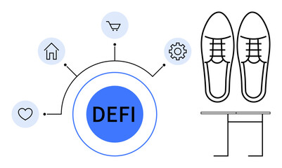 DEFI core surrounded by icons representing home, shopping, heart, gear, shoes. Ideal for technology, finance, blockchain innovation economy lifestyle connectivity. Simple flat metaphor