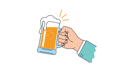 Raising a tall foamy beer mug in a cheerful toast as a supportive hand firmly grips the glass during a festive moment of camaraderie and celebration.
