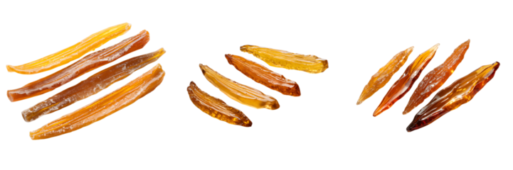 Three clusters of dried chili peppers with vibrant orange and red hues isolated on transparent background
