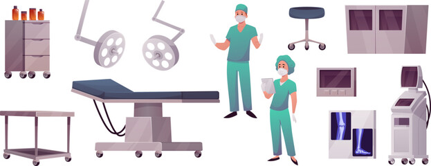 Vector set of operating room equipment, furniture, and medical staff.
