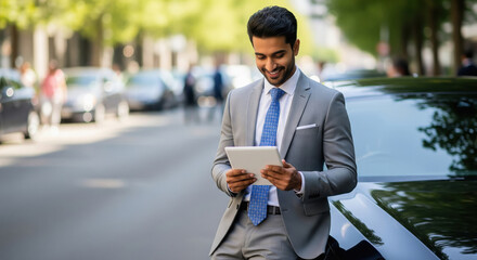 A young Indian businessman in a light grey suit leans against a car on a city street, smiling as he works on a digital tablet