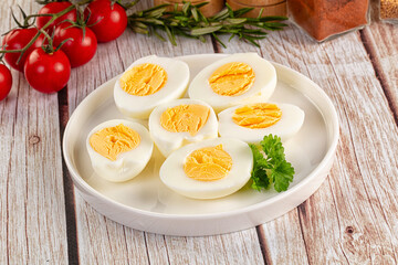 Boiled chicken eggs with bright yolk