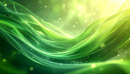 深い緑と黄緑の光が交差する波状の抽象背景