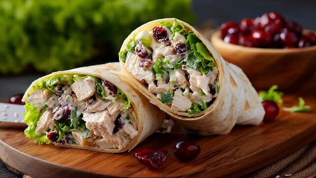 Delicious chicken salad wrap with cranberries and lettuce