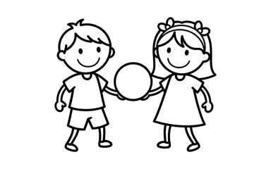 Playful kids holding ball in simple black and white line art