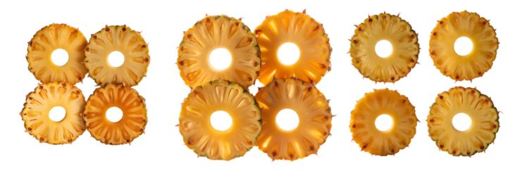 A collection of dried pineapple rings arranged in rows isolated on transparent background