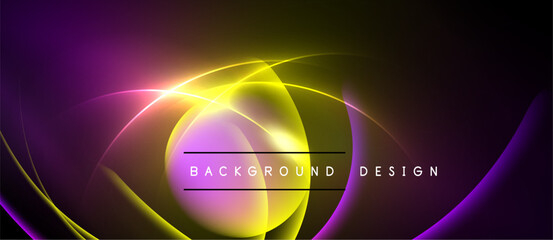 Abstract purple, yellow glow. Dynamic curves create modern background design. Bright light radiates from center. Smooth gradients present energy.