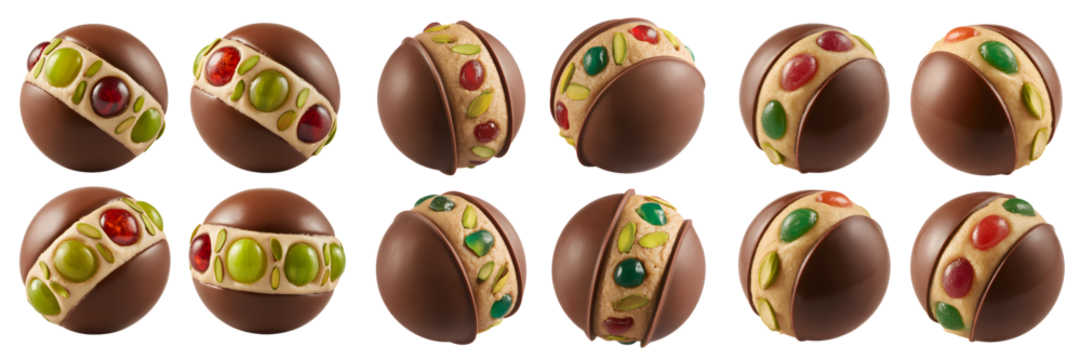Assortment of decorated chocolate easter eggs with colorful candies isolated on transparent background - Powered by Adobe