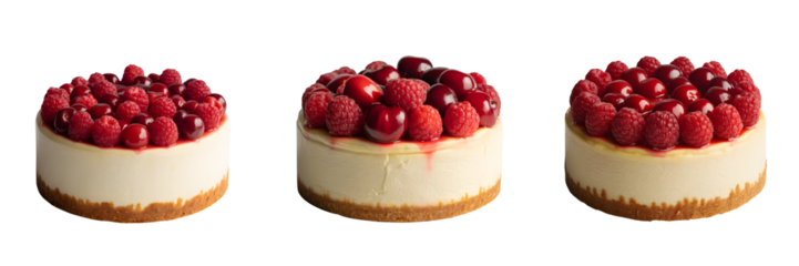 Three individual mini cheesecakes topped with fresh red berries isolated on transparent background