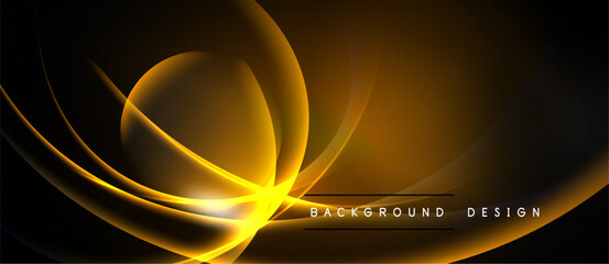 Abstract golden lines form swirling shapes against dark background. Elegant design suggests energy, motion, luxury.