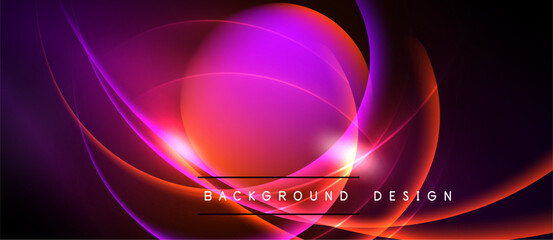 Abstract vibrant design features flowing curves, pink hues, orange accents. Dark background emphasizes luminous shapes, creating dynamic visual impact.