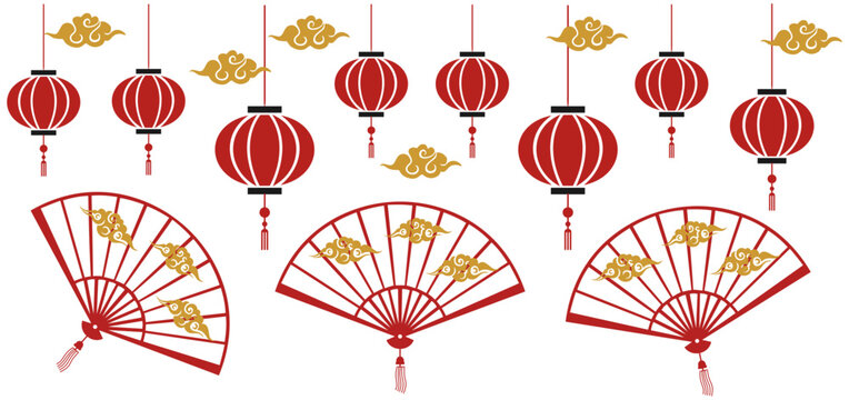 Chinese New Year Elements Set with Red Lanterns and Fans