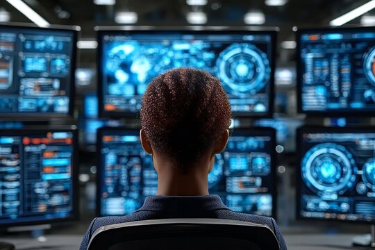 Data Analysis Scientist in Command Center Monitoring Cyber Security with Multiple Data Displays